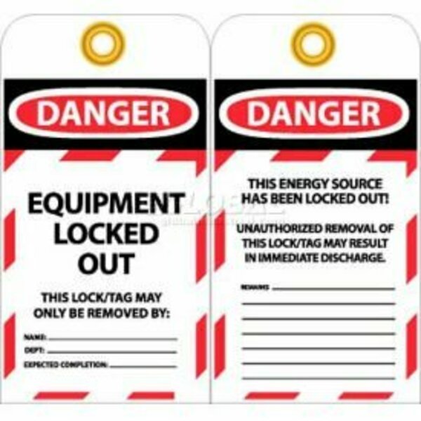 National Marker Co NMC Tags, Danger Equipment Locked Out, 6in X 3-1/4in, White/Red/Black, 25/Pk LOTAG37-25